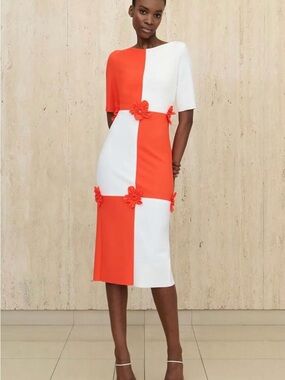 Greta Constantine Selam Resort 25 Colorblock Midi Dress with Floral Appliqués